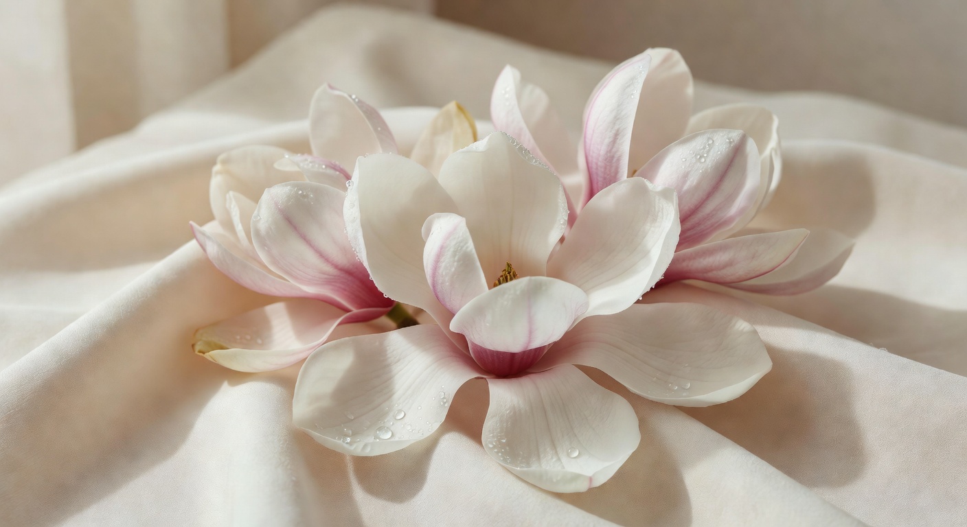 Weiße und rosa Magnolienblüten auf Creme-Leinen mit Tautropfen