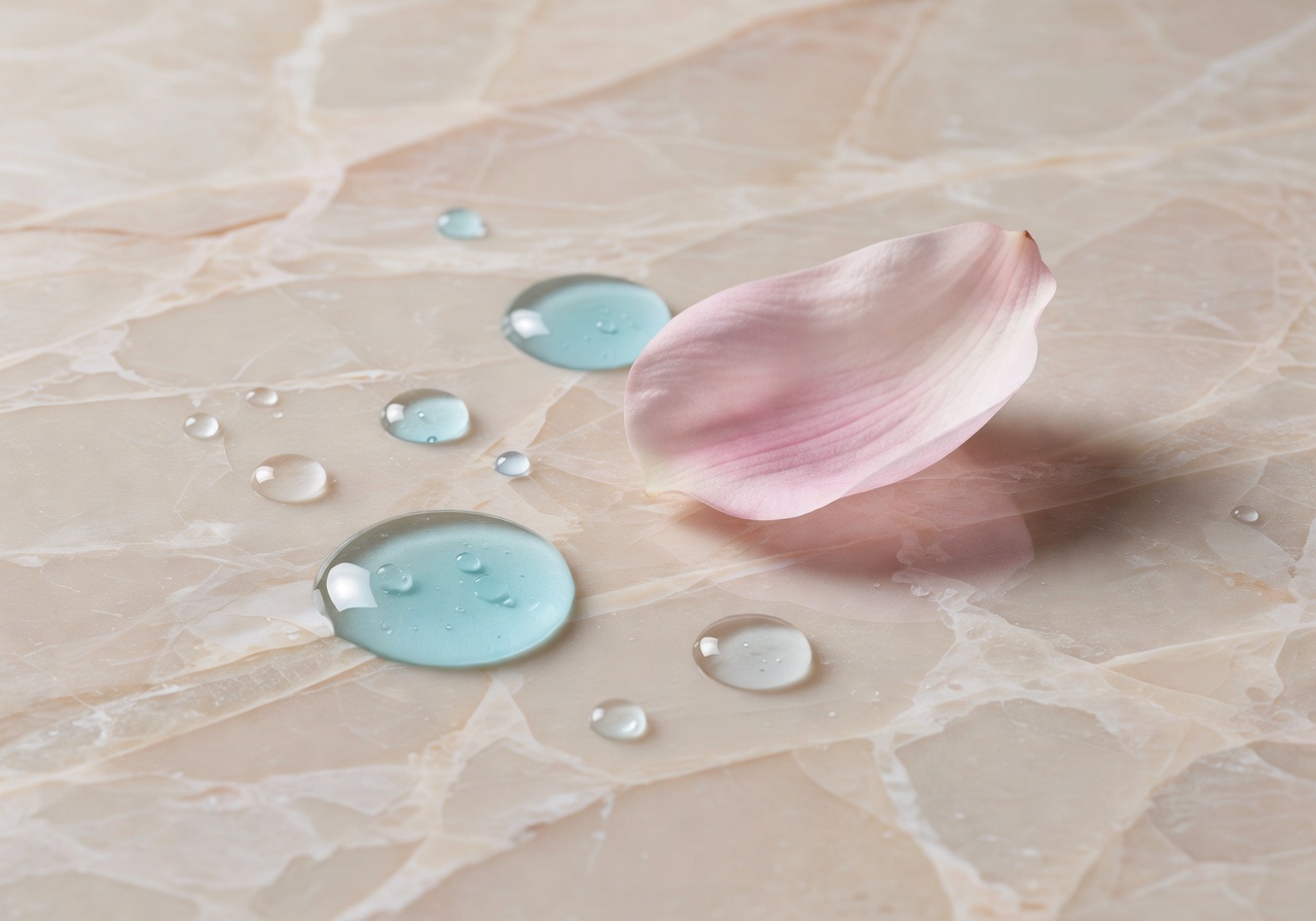 Aquafacial Serumtropfen auf Marmor mit Magnolienblüte