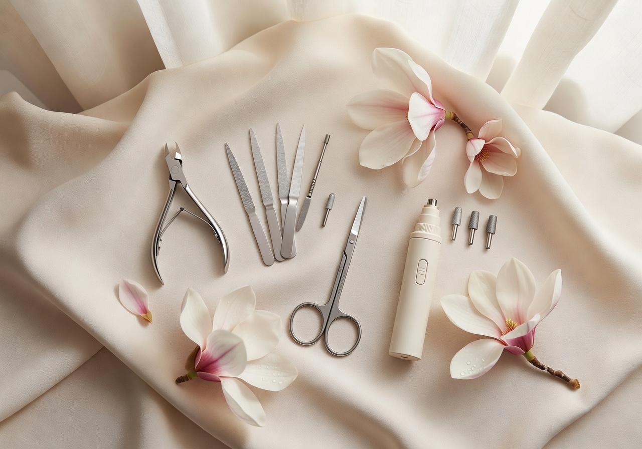 Medizinische Fußpflege Flatlay mit Magnolien