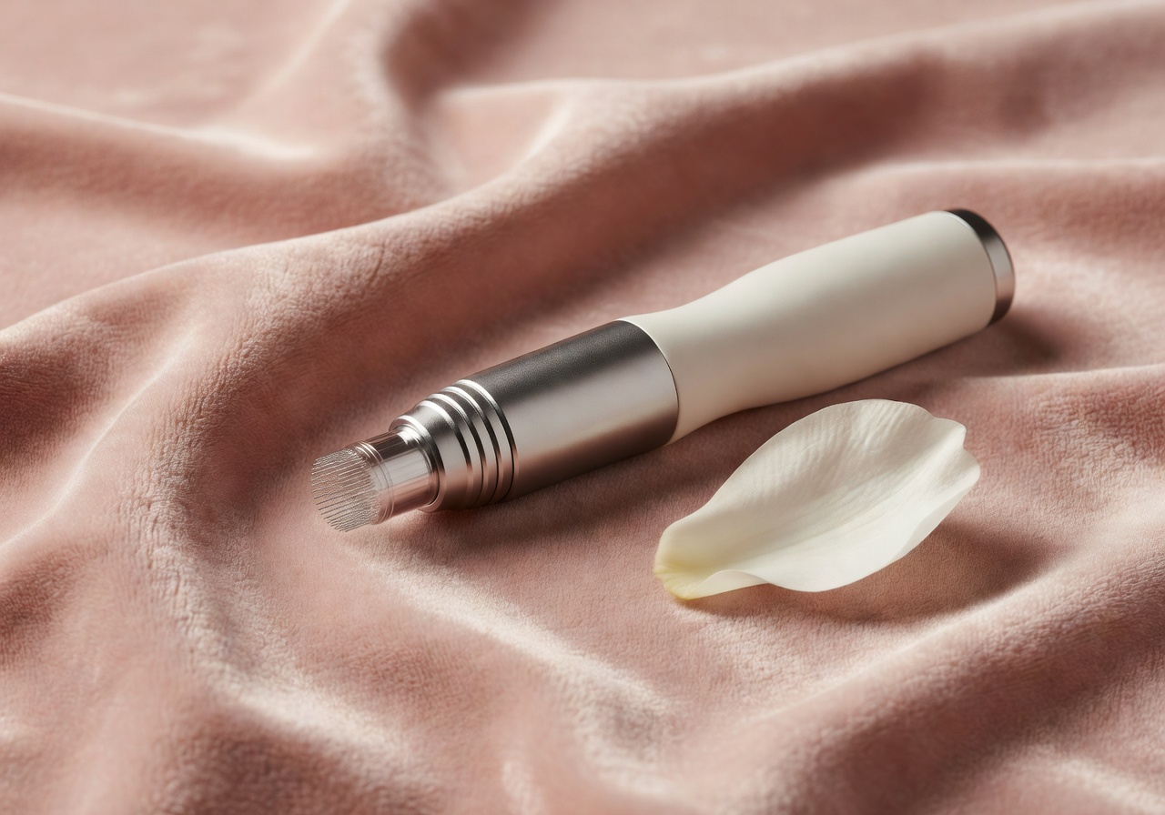 Microneedling-Präzisionsgerät auf Blush-Samt mit Magnolienblatt