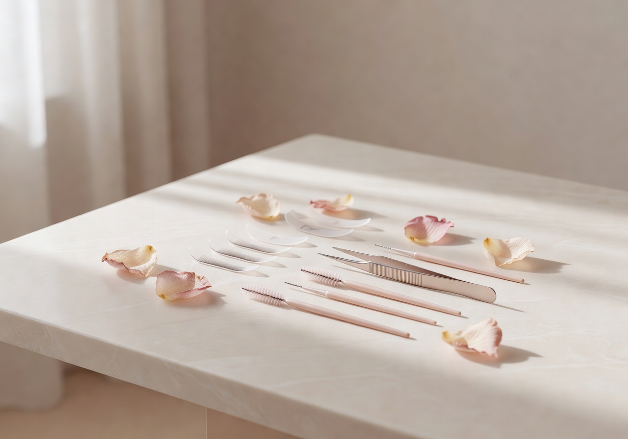Wimpernlifting-Werkzeuge mit Rosenblättern